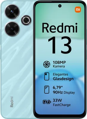A marketing image of a Xiaomi Redmi 13 smartphone, showcasing its features.