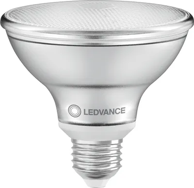 A studio shot of a single LED light bulb against a white background.