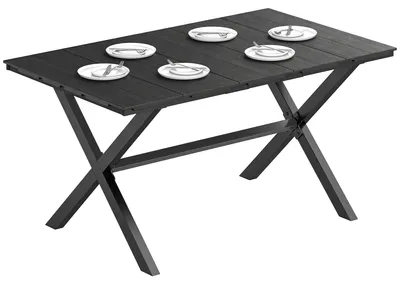 Image de Table de jardin pour 6 personnes, lames en PEHD aspect bois, 150 x 90 x 74 cm, noir – résistante aux intempéries, structure métallique thermolaquée, pieds en X renforcés