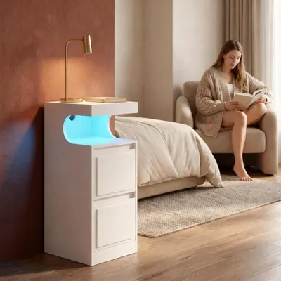 Produktbild von Nachttisch mit LED-Beleuchtung, Beistelltisch mit 2 Schubladen, Nachttische mit offenen Fach, Verstellbares Licht, für Schlafzimmer, Wohnzimmer