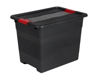 A black plastic storage box with red handles and a gray lid insert, shown on a white background.
