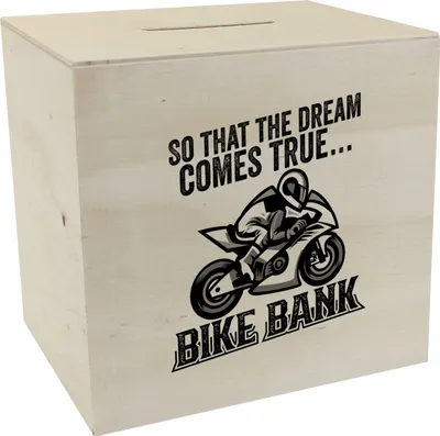Produktbild von Bike Bank Spardose aus Holz mit Spruch und Motorrad in weiß