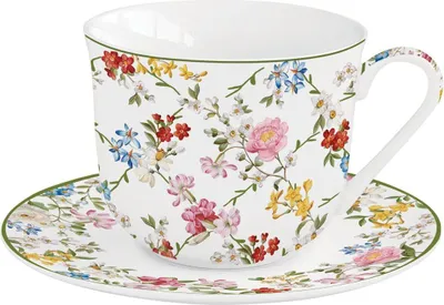 Produktbild von Tasse mit Untertasse GARDEN DREAMS weiß mit bunten Blumen für 370ml Easy Life