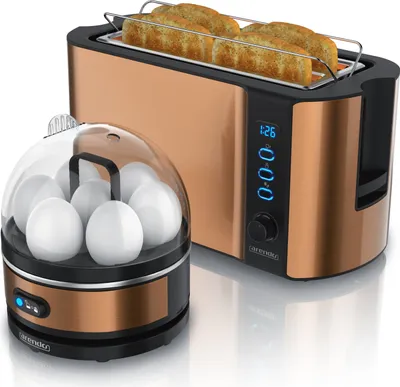 A copper-colored toaster and egg cooker set are displayed against a white background.