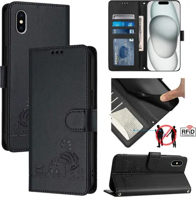 Produktbild von Leder Hülle für iPhone X/iPhone XS Süße Katze Flip Case Brieftasche Schutzhülle mit Standfunktion Schwarz