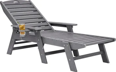 Produktbild von VEVOR Sonnenliege, 181 kg Tragkraft, HDPE Gartenliege, Strandliege mit 6-fach verstellbarer Rückenlehne, Armlehne, Getränkehalter, Balkonliege, Terrassenliege für Pool, Terrasse, Patio, Rasen, Grau