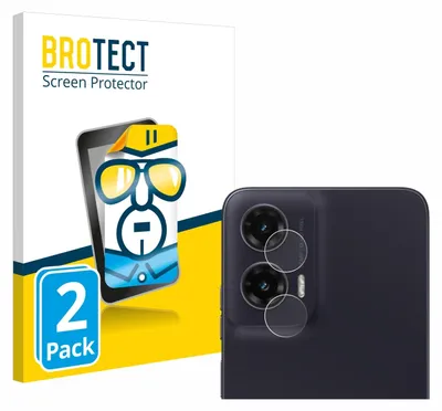 A product packaging for screen protectors is shown next to a smartphone with camera lens protectors applied.