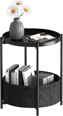 Image de Table d'appoint ronde, 2 niveaux, avec panier en tissu, en métal, noire, pour salon