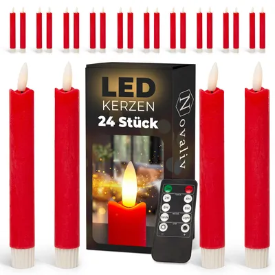Obrázek produktu pro LED svíčky, 24 kusů, červené, s funkcí časovače (6 hodin), výška 18 cm, průměr 2,2 cm. Vyžadují 2 baterie AAA. Sada 4 LED svíček, červené, s pohyblivým plamenem a světlem
