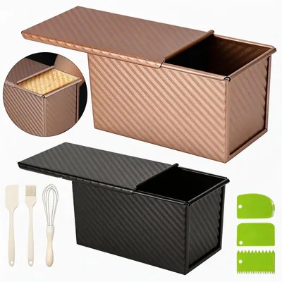Produktbild von Profi Toastform Set Gold,2 Stück Kastenform mit Deckel (1LB & 2LB) aus Kohlenstoffstahl,Antihaftbeschichtet & Wellendesign inkl. 6-tlg. Backzubehör