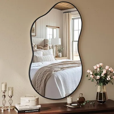 Image de Miroir asymétrique, 66x116 cm, miroir mural de forme irrégulière, verre trempé, cadre en aluminium, miroir décoratif, miroir de maquillage unique, miroir de salle de bain, noir