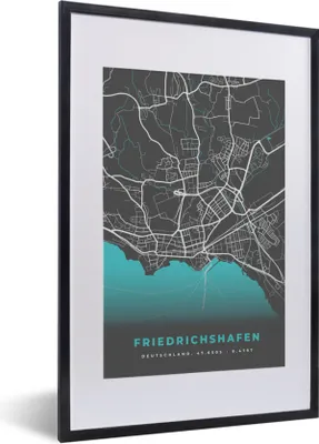 Produktbild von MuchoWow® Gerahmtes Poster Stadtplan - Deutschlandkarte - Blau - Friedrichshafen- Karte 40x60 cm - Poster mit Schwarzem Bilderrahmen Wandposter Rahmen Foto Bilder - Poster in Rahmen