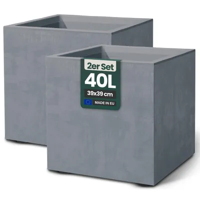 Produktbild von Kreher® 2er Set Pflanzkübel „Millennium“ 39x39x39 cm - Grau - UV- & Frostfest - Eckig - Mit Wasserspeicher - Natursteinoptik - Indoor & Outdoor