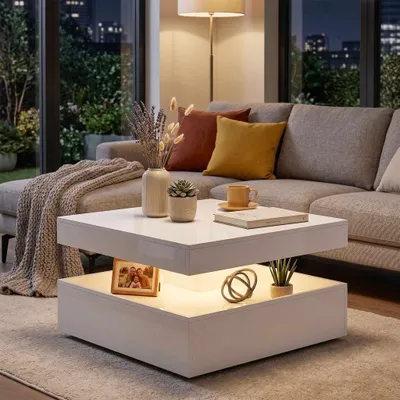 Produktbild von LED-Couchtisch mit Stauraum, 2-stufig, Hochglanzweiß