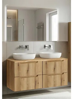 Produktbild von Badmöbel-Set 2-teilig mit LED-Spiegel & 120 cm Doppelwaschtisch in Eiche, gerillte Front, Baumkantenoptik - NEWPORT-56-EVOKE