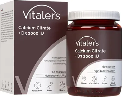 Image de Citrate de calcium Vitaler 1200 mg + vitamine D3 2000 UI – 60 gélules, approvisionnement pour 1 mois, végétalien, sans conservateurs, composition pure
