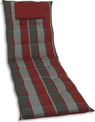 A long, padded cushion with a red and gray plaid pattern, designed for a lounge chair.
