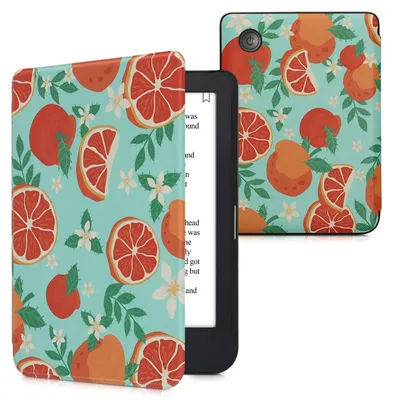 Produktbild von kwmobile Schutzhülle für Kobo Clara 2E / Tolino Shine 4 Hülle - eReader Flip Case mit Auto Sleep Funktion - Orangenblüten und -früchte mit Orange Blau