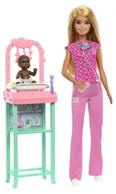 Produktbild von Barbie Kinderärztin-Puppe mit blonder Modepuppe, 1 Baby-Patientenpuppe, Möbel und Zubehör, Modepuppe, Weiblich, 3 Jahr(e), Mädchen, 241,4 mm, 185 g