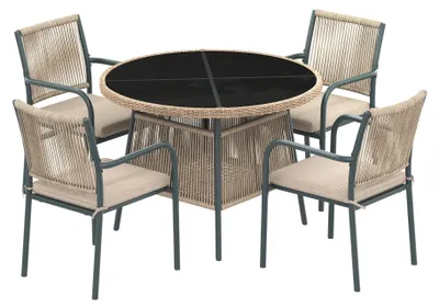 Image de Ensemble de mobilier de jardin moderne en rotin, comprenant une table ronde en verre et 4 chaises avec accoudoirs, structure en fer, idéal pour la terrasse, le balcon ou la véranda