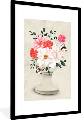 Produktbild von MuchoWow® Gerahmtes Poster Schmetterlinge - Blumen - Stillleben 60x90 cm - Poster mit Schwarzem Bilderrahmen Wandposter Rahmen Foto Bilder - Dekoration - Wandposter Wohnzimmer - Hochwertig