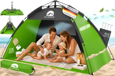 Produktbild von ELONEO Pop-Up Strandmuschel mit UV-Schutz 80+, leichter Aufbau, kompakt, Tragetasche, Sonnenschutz & Windschutz für Kinder und Erwachsene - XL Grün