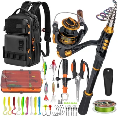 Imagen del producto de Conjunto de caña de pescar telescópica y carrete de spinning, fabricado en fibra de carbono, que incluye una mochila. Es un juego completo para la pesca