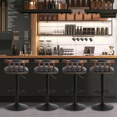 Image de WISFOR Lot de 2 tabourets de bar Chaises de bar avec dossier, bien rembourrées, réglables en hauteur, pivotantes, cuir, noir