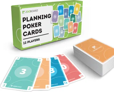 Produktbild von 2doboard Planungskarten & Planungspoker E-Book für agiles Projektmanagement, 12 Personen, 300g Papier, Anleitung Deutsch & Englisch, klares, farbiges Design, inkl. Box