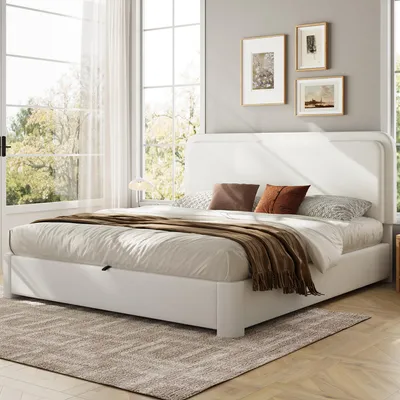 Produktbild von okwish Jugendbett 160×200 mit höhenverstellbares Kopfteil, Polsterbett mit Bettkasten und Lattenrost,Doppelbett in Weiß,ohne Matratze