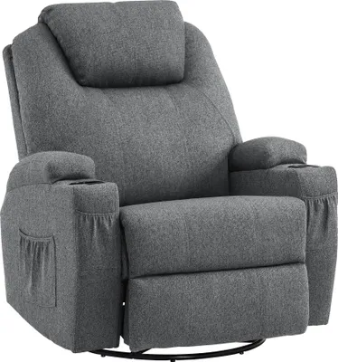 A gray fabric recliner chair with cup holders and side pockets, shown from a front-diagonal angle against a white background.