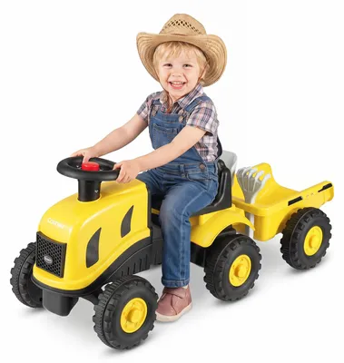 Productafbeelding van COSTWAY kinder tractor met aanhanger, 2-in-1 schuifvoertuig met claxon, ergonomische stoel, kantelbeveiliging en gereedschapshouders, kinderauto geschikt tot 25 kg, opzittractor