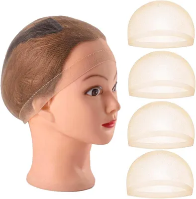 Produktbild von Set mit 4 dehnbaren und atmungsaktiven Perückenhauben – Nylon-Haarnetz – Neutraler Nude-Beige-Ton – Perückenzubehör