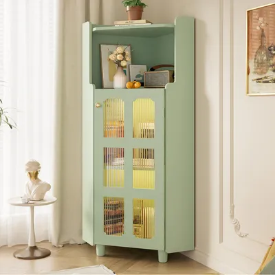 Produktbild von Flieks Eck-Schrank mit LED-Beleuchtung, Multifunktionale Ecken-Kommode, für Wohnzimmer, Badezimmer, Schlafzimmer, Schrank 63.5x16.5x124cm, Grün