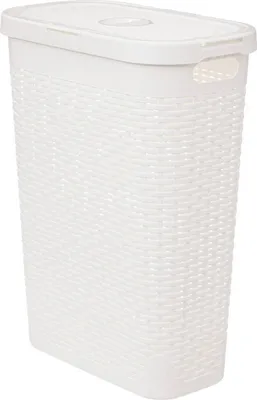 A white laundry basket with a lid.