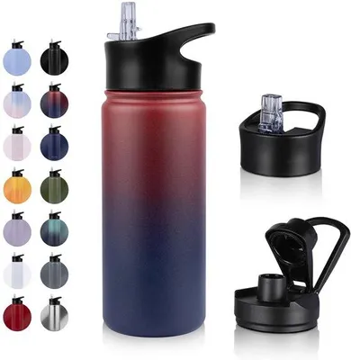 Productafbeelding van Geïsoleerde thermosfles voor sport, reizen, kamperen - 500 ml - BPA-vrij - met grasvezel - lekvrij - geschikt voor koolzuurhoudende dranken - 2 deksels - vacuümgeïsoleerd - dubbelwandig - voor school, fietsen, sportschool