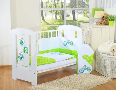 Immagine prodotto di Set di biancheria da letto per bambini 135x100cm con nido 3 pezzi, gufi verdi, con ricamo verde e turchese