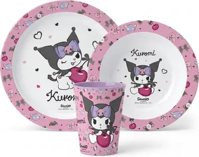 Produktbild von Hello Kitty Kuromi Kinder Geschirr-Set 3 teilig Becher (260 ml) Teller Schüssel