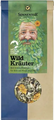 Produktbild von Sonnentor Wildkräuter Tee lose, Kräutertee, 50 g, Achillea millefolium, Blackberry leaf, Dandelion leaf, Hazelnut leaf, Zitronenmelisse, Linde,..., Zitronenmelisse  (23%), Schafgarbe  (20%), Brombeerblätter , Lindenblüten  (11%),..., 1 Stück(e), Faltenbeutel aus Papier