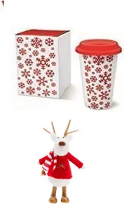 Produktbild von Coffee to go mit Silikondeckel aus Keramik doppelwandig Plus diesem knuffige Deko-Rentier mit Schal und Pulli könnte auch ihre Weihnachtsdeko auf niedliche Art vervollständigen. Deko-Figur Rentier