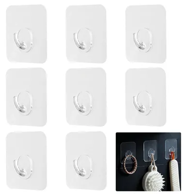 Produktbild von Klebehaken 8 Stück, selbstklebend, extra stark, transparent, ohne Bohren, bis 3kg belastbar, für Bad & Küche
