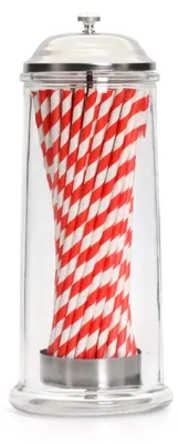 Produktbild von Halt für Trinkhalme mit chromfarbener Oberseite – Halter für Trinkhalme – Set mit 50 Papierstrohhalmen – Hygienisch und robust – Für Strohhalme bis 21 cm – Strohhalmhalter