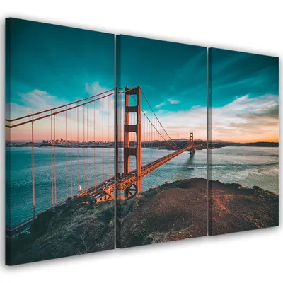 Obrázek produktu pro Triptych na plátně města a architektura - modrá 120x80 cm Feeby modrá nástěnná malba připravená k zavěšení