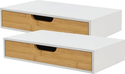 Two white wall shelves with bamboo drawer fronts are stacked on top of each other against a white background.