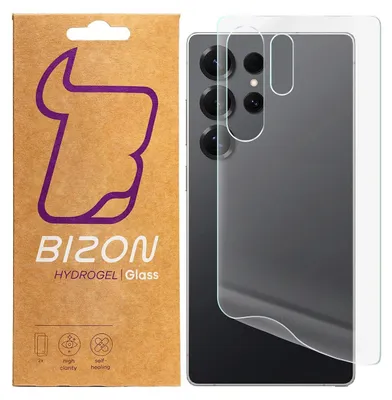 A product package for Bizon Hydrogel Glass screen protectors is shown next to a smartphone with the screen protector applied.