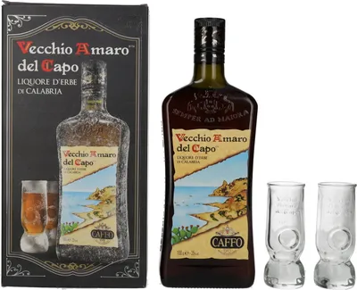 Produktbild von Vecchio Amaro del Capo Caffo Liquore 35% Vol. 1l in Geschenkbox mit 2 Gläsern