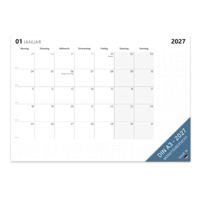 Produktbild von PuK Monatsplaner 2027 | Monatskalender 2027 DIN A3 Quer Block | Feiertage und Kalenderwochen | Minimalistischer Kalenderblock Planer 2027 Termine