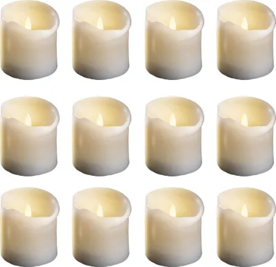 Produktbild von 12x LED Stumpenkerze mit Timer 6 Stunden - Echtwachs LED warmweiß 7,5cm Durchmesser 12,5cm Höhe - 2 AA Batterien nötig LED Echtwachskerze mit Flackereffekt flammenlose Stumpenkerze LED Kerze