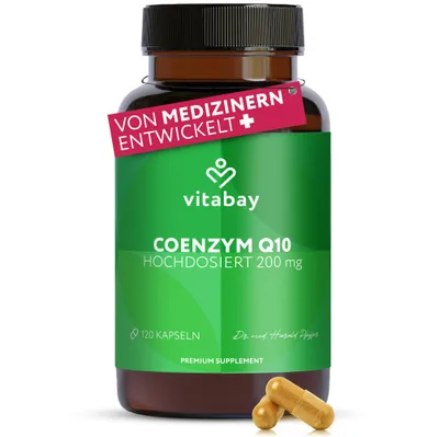 Produktbild von Vitabay Coenzym Q10 (Ubiquinon) 200 mg – 120 vegane Kapseln – hochdosiert, aus pflanzlicher Fermentation – ohne Zusatzstoffe – 2 Monate Vorrat