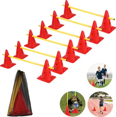 Image de Clanmacy Set de 12 haies d'entraînement Speed Réglable en hauteur avec 12 cônes + 6 piquets Aide à l'entraînement multi-sports, haies d'entraînement au sprint pour ballons de foot
